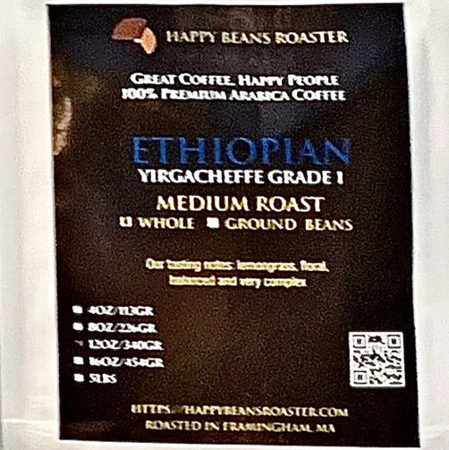 Happy Beans Roaster coffee package with black label on a white background